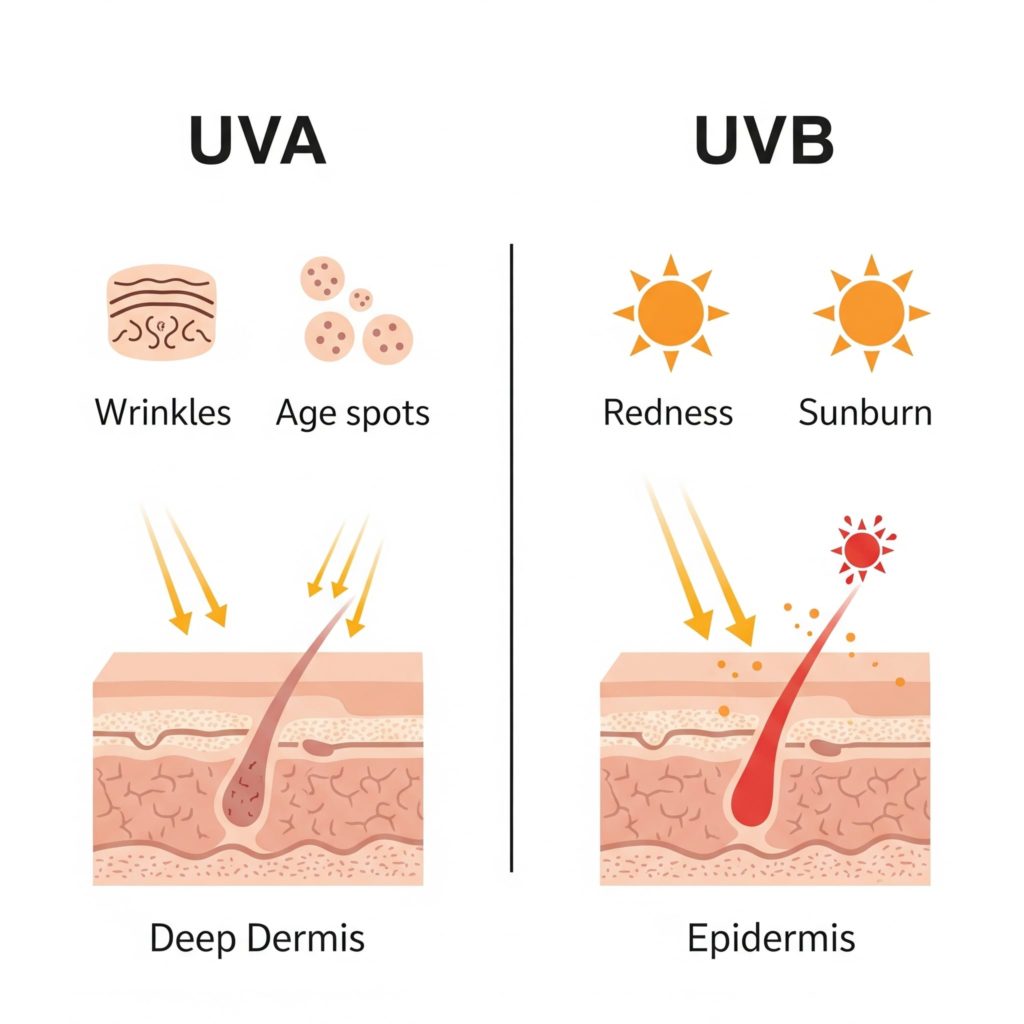 اینفوگرافیک تفاوت اشعه UVA عامل پیری پوست و UVB عامل آفتاب سوختگی و نحوه نفوذ آن‌ها به لایه‌های مختلف پوست.