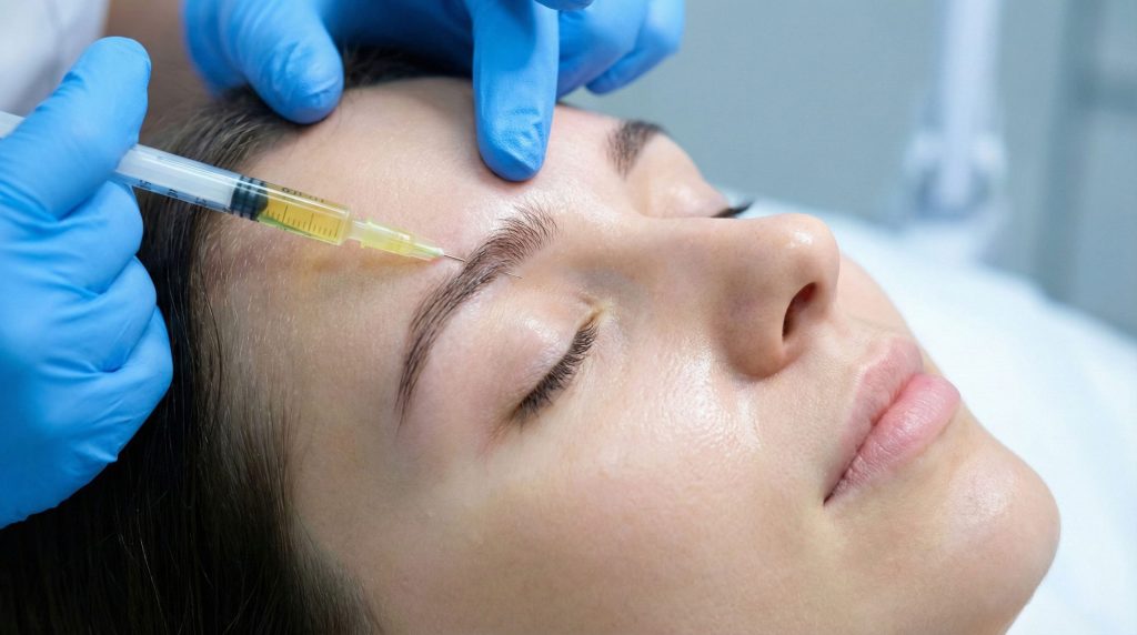 تزریق تخصصی مزوتراپی یا PRP توسط پزشک متخصص به ناحیه ابرو برای درمان ریزش و تقویت فولیکولها.