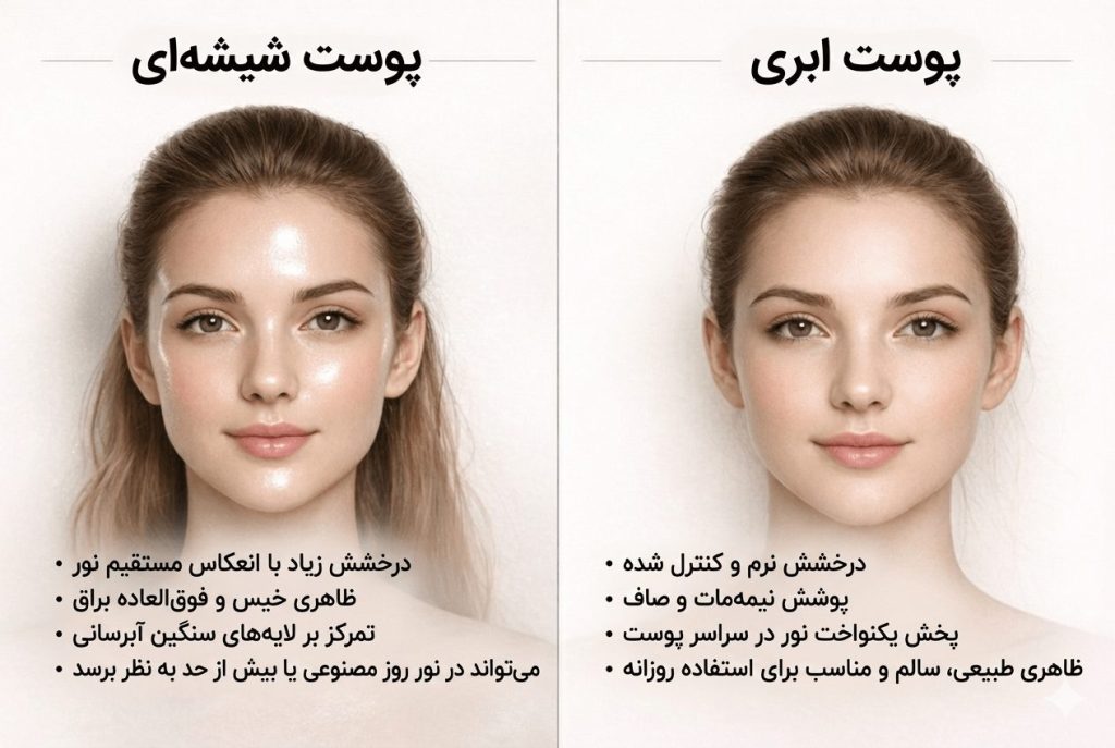 پوست ابری (Cloud Skin) در مقایسه با پوست شیشهای؛ تفاوت در میزان درخشش، پخش نور و جلوه طبیعی پوست