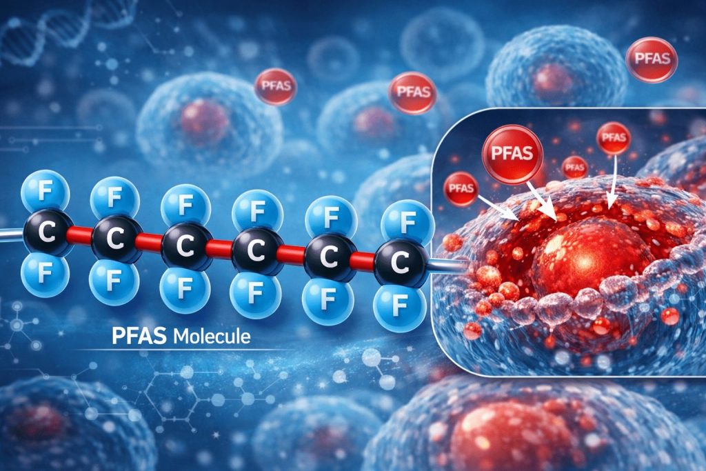 ساختار مولکولی مواد شیمیایی خطرناک PFAS و نحوه تاثیر بر سلول
